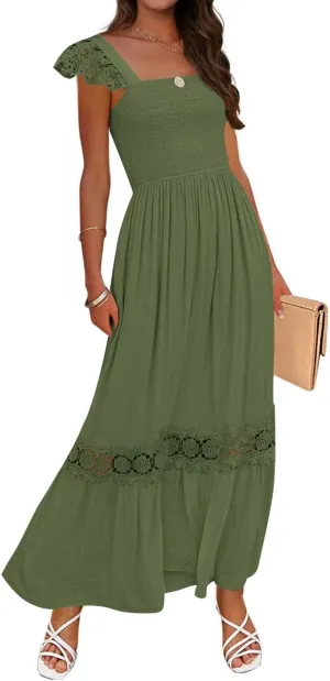 ZESICA Women's 2025 Summer Lace Strap Sleeveless Square Neck Smocked High Waist Ruffle Hollow Out Flowy A Line Maxi Dress