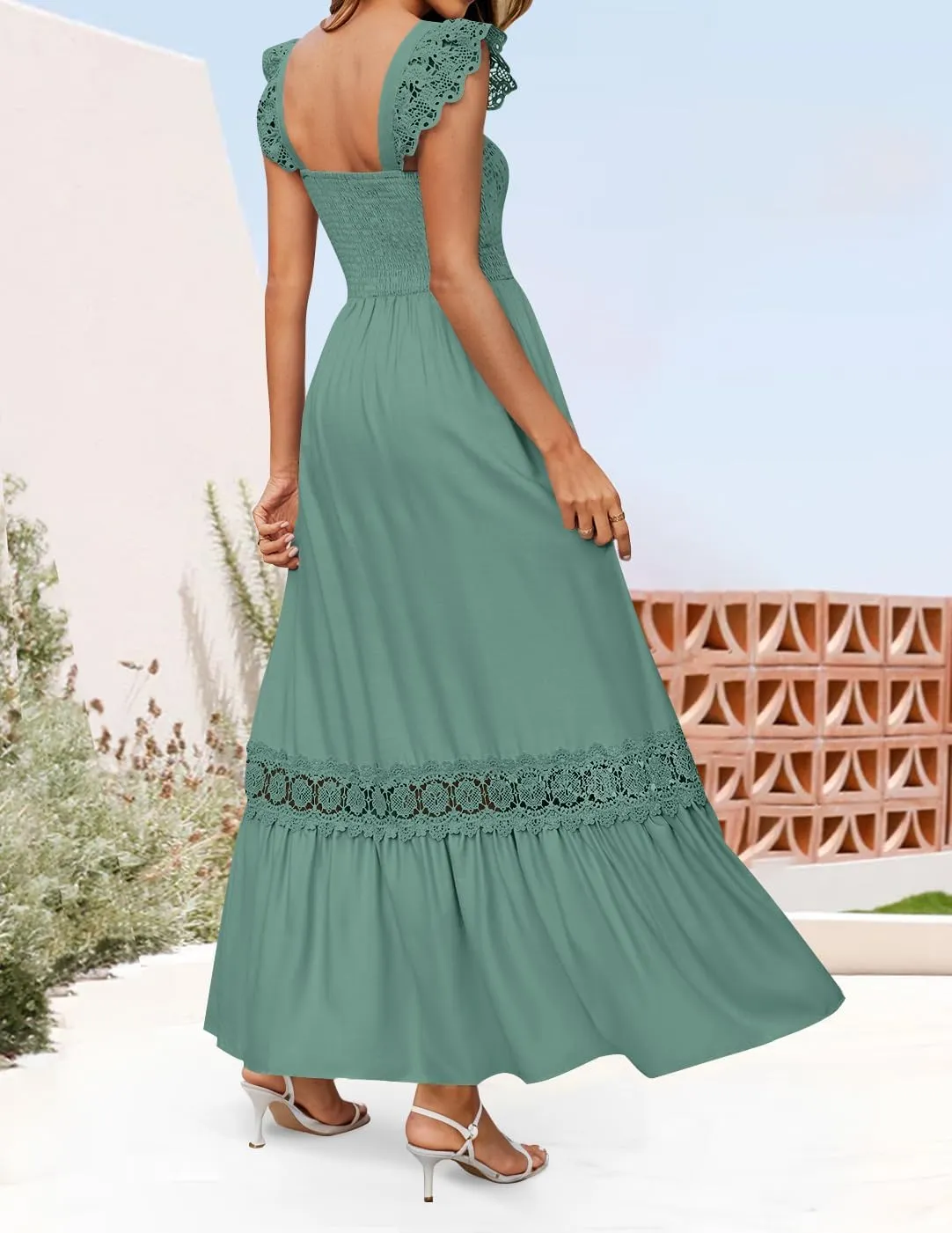 ZESICA Women's 2025 Summer Lace Strap Sleeveless Square Neck Smocked High Waist Ruffle Hollow Out Flowy A Line Maxi Dress
