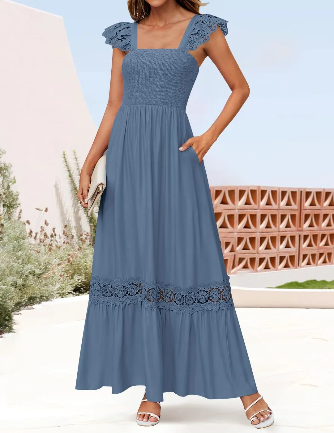 ZESICA Women's 2025 Summer Lace Strap Sleeveless Square Neck Smocked High Waist Ruffle Hollow Out Flowy A Line Maxi Dress