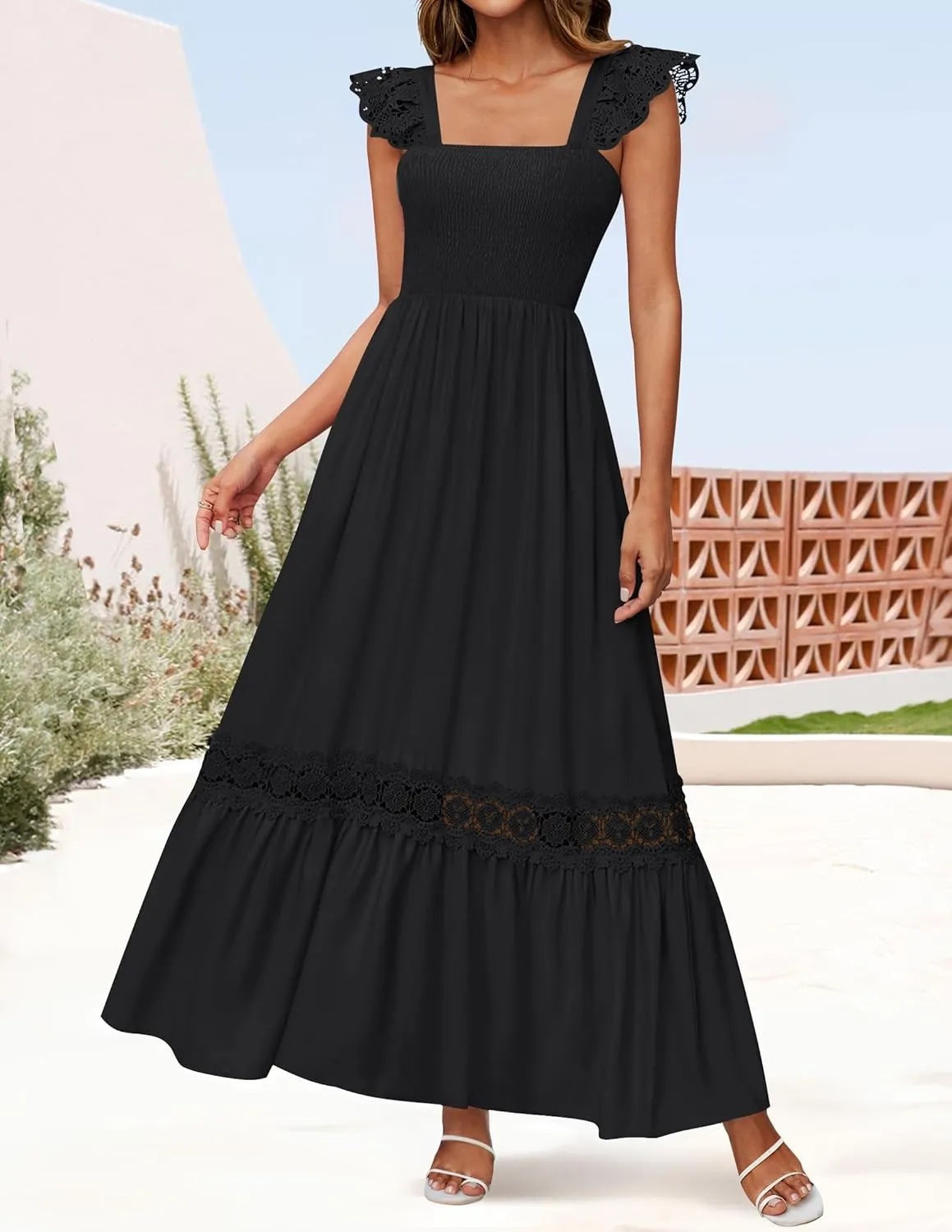 ZESICA Women's 2025 Summer Lace Strap Sleeveless Square Neck Smocked High Waist Ruffle Hollow Out Flowy A Line Maxi Dress