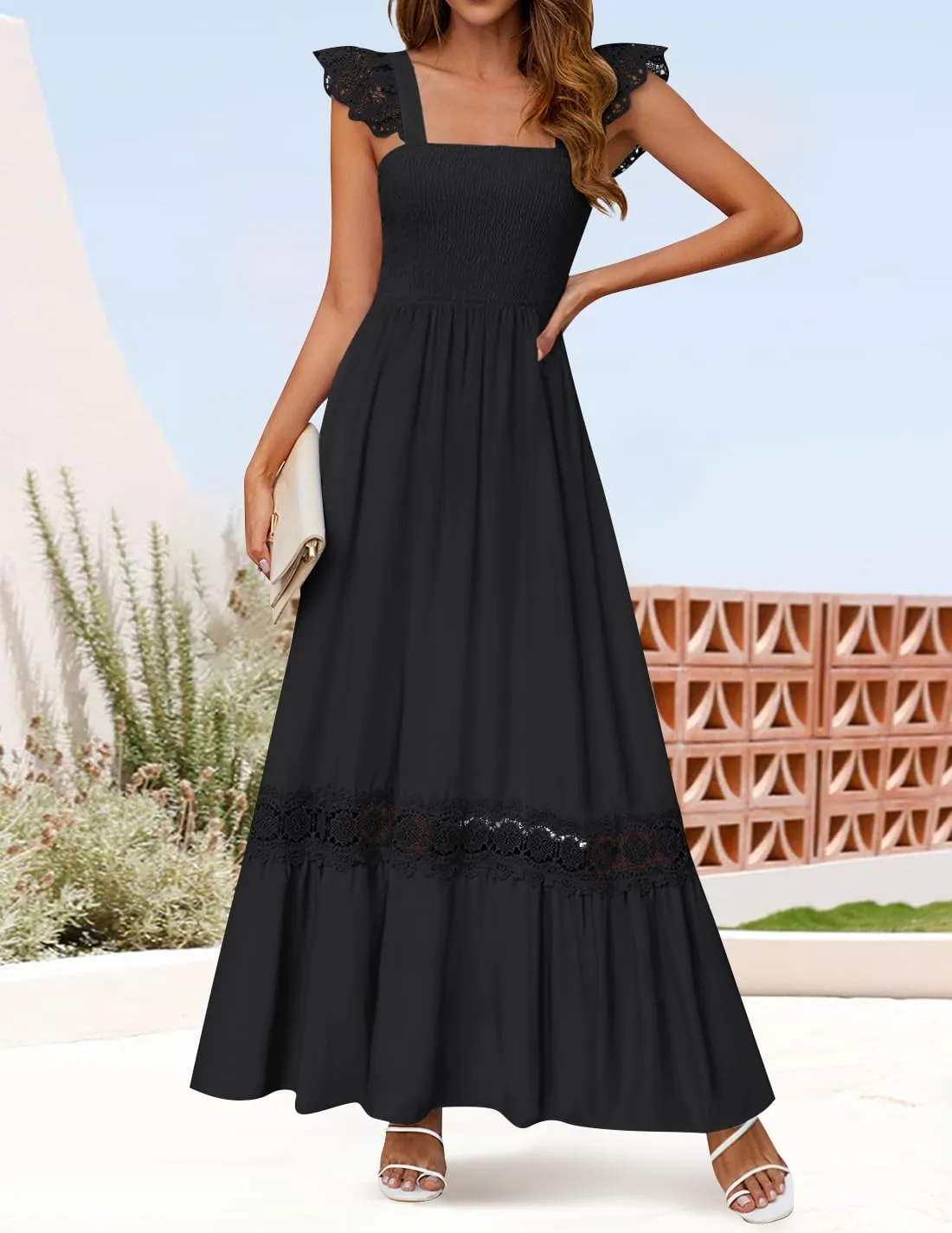 ZESICA Women's 2025 Summer Lace Strap Sleeveless Square Neck Smocked High Waist Ruffle Hollow Out Flowy A Line Maxi Dress