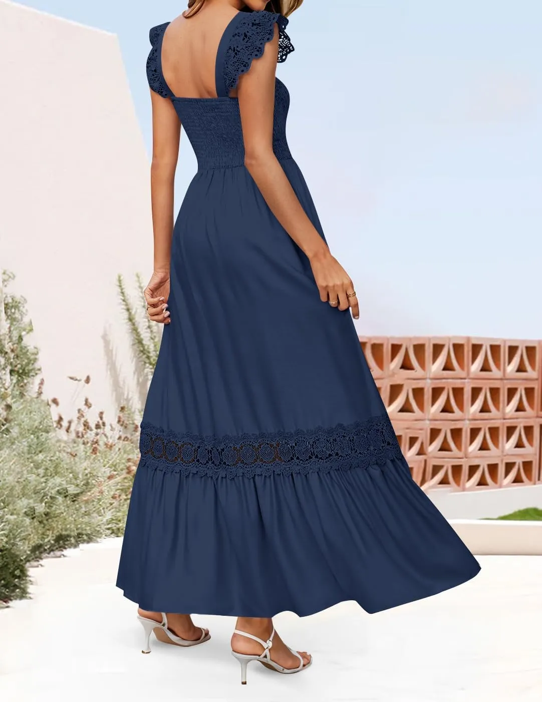ZESICA Women's 2025 Summer Lace Strap Sleeveless Square Neck Smocked High Waist Ruffle Hollow Out Flowy A Line Maxi Dress