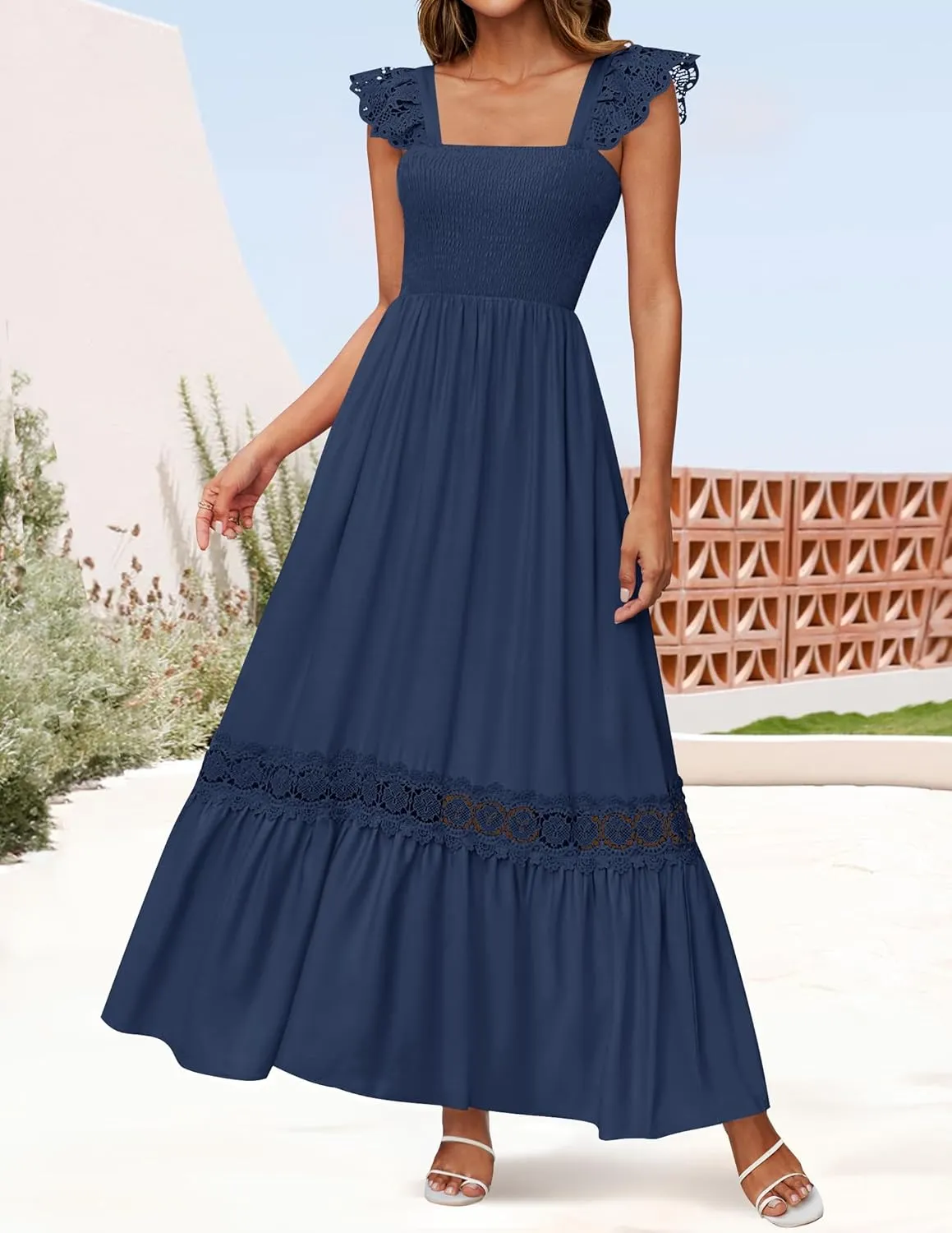 ZESICA Women's 2025 Summer Lace Strap Sleeveless Square Neck Smocked High Waist Ruffle Hollow Out Flowy A Line Maxi Dress