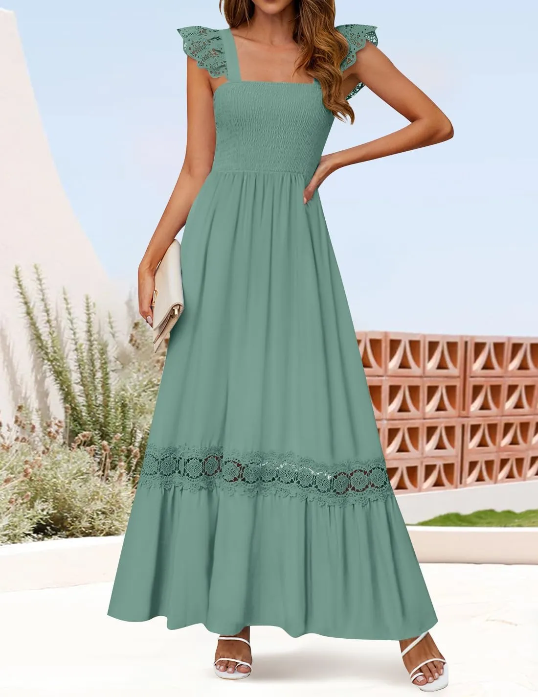 ZESICA Women's 2025 Summer Lace Strap Sleeveless Square Neck Smocked High Waist Ruffle Hollow Out Flowy A Line Maxi Dress