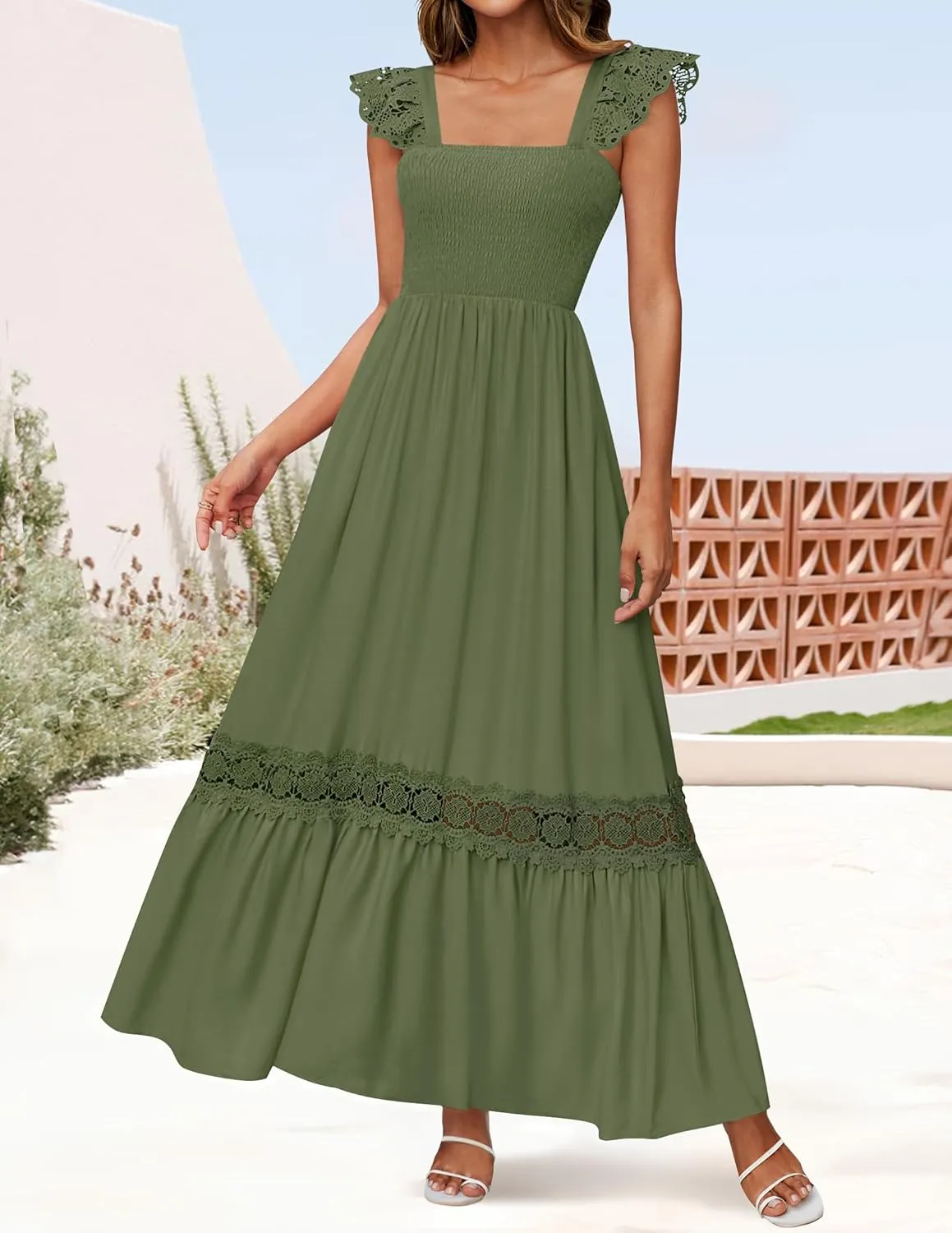 ZESICA Women's 2025 Summer Lace Strap Sleeveless Square Neck Smocked High Waist Ruffle Hollow Out Flowy A Line Maxi Dress