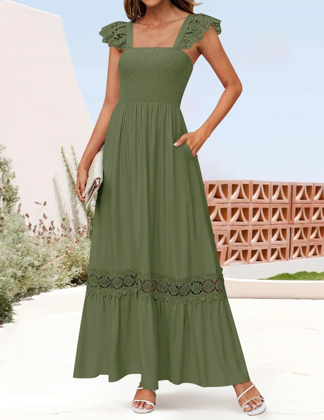 ZESICA Women's 2025 Summer Lace Strap Sleeveless Square Neck Smocked High Waist Ruffle Hollow Out Flowy A Line Maxi Dress
