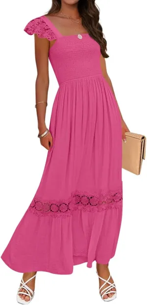 ZESICA Women's 2025 Summer Lace Strap Sleeveless Square Neck Smocked High Waist Ruffle Hollow Out Flowy A Line Maxi Dress