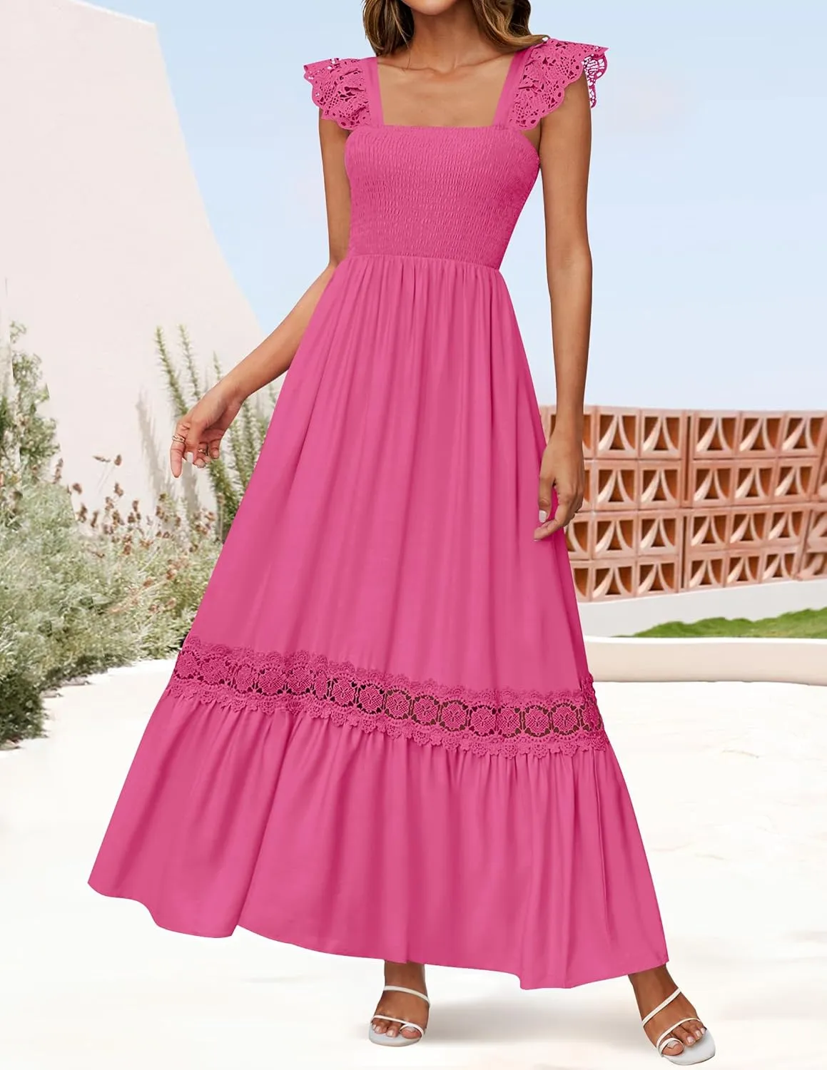 ZESICA Women's 2025 Summer Lace Strap Sleeveless Square Neck Smocked High Waist Ruffle Hollow Out Flowy A Line Maxi Dress