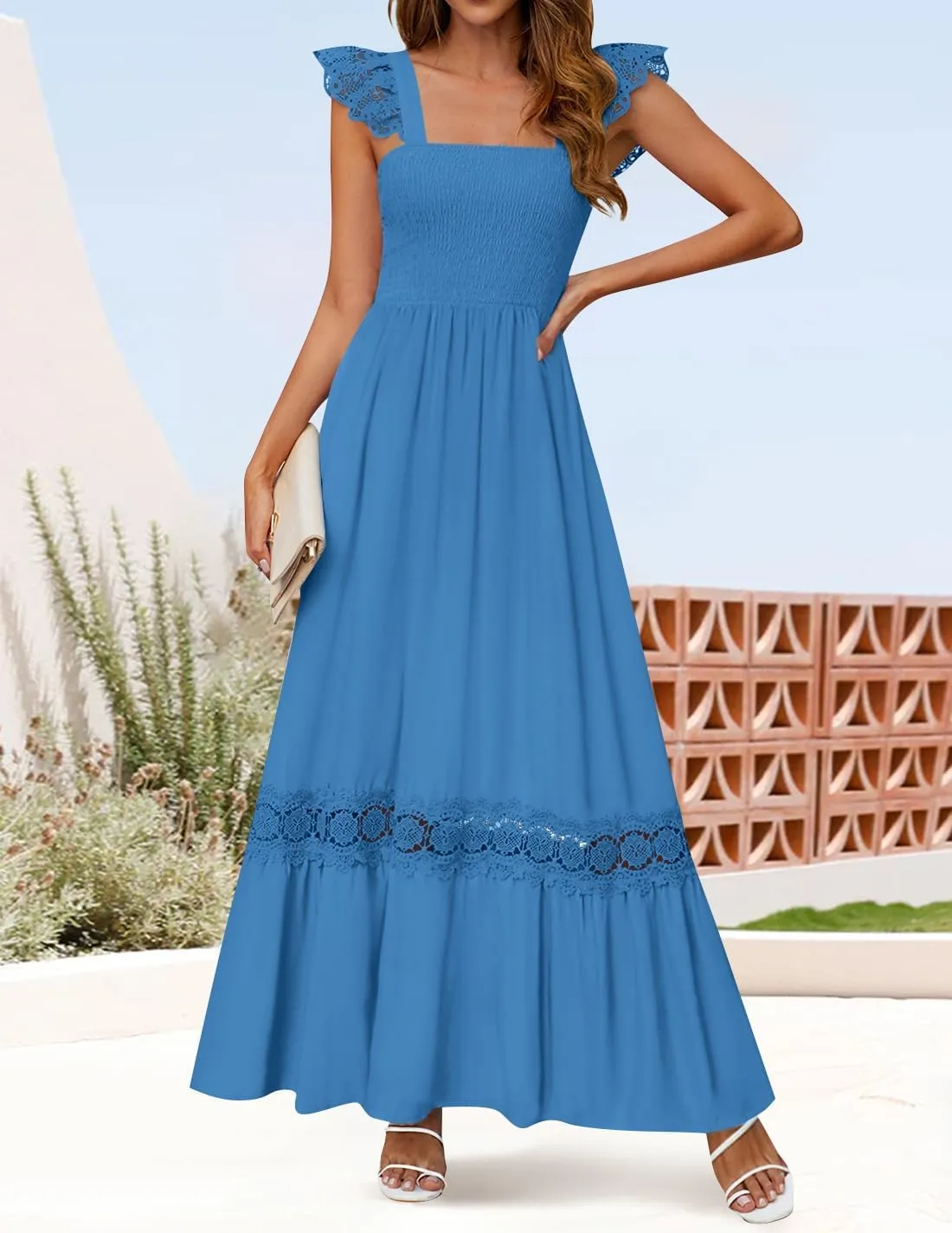 ZESICA Women's 2025 Summer Lace Strap Sleeveless Square Neck Smocked High Waist Ruffle Hollow Out Flowy A Line Maxi Dress