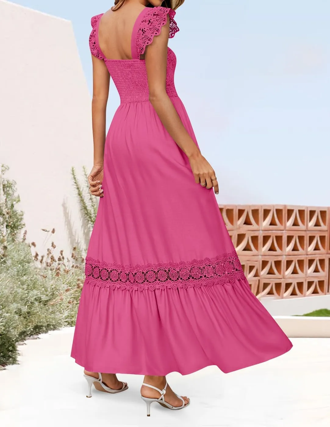 ZESICA Women's 2025 Summer Lace Strap Sleeveless Square Neck Smocked High Waist Ruffle Hollow Out Flowy A Line Maxi Dress
