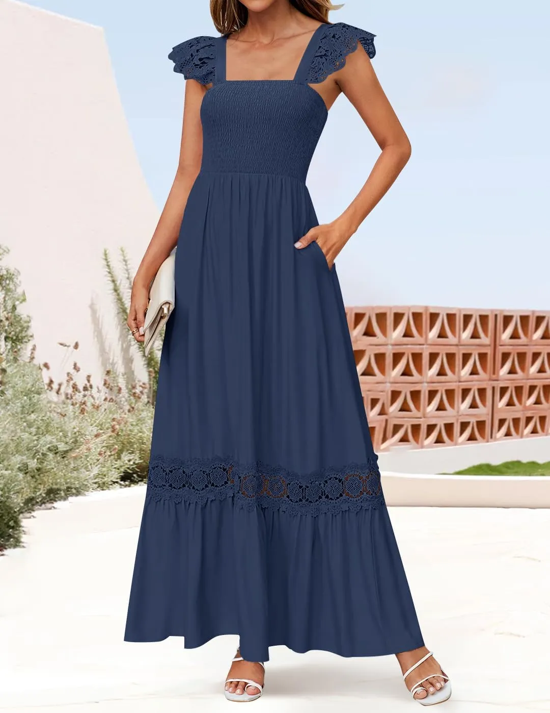 ZESICA Women's 2025 Summer Lace Strap Sleeveless Square Neck Smocked High Waist Ruffle Hollow Out Flowy A Line Maxi Dress