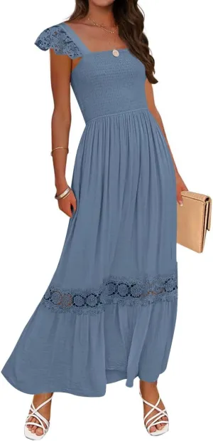 ZESICA Women's 2025 Summer Lace Strap Sleeveless Square Neck Smocked High Waist Ruffle Hollow Out Flowy A Line Maxi Dress