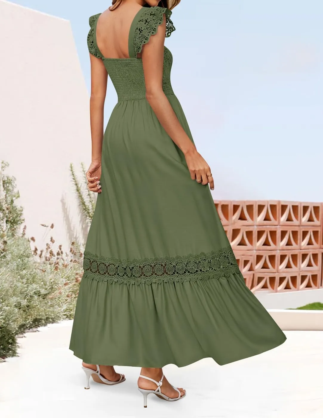 ZESICA Women's 2025 Summer Lace Strap Sleeveless Square Neck Smocked High Waist Ruffle Hollow Out Flowy A Line Maxi Dress