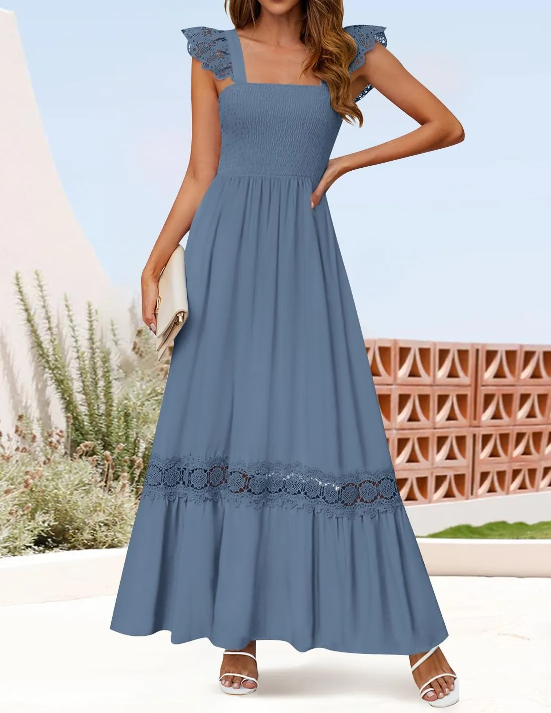 ZESICA Women's 2025 Summer Lace Strap Sleeveless Square Neck Smocked High Waist Ruffle Hollow Out Flowy A Line Maxi Dress