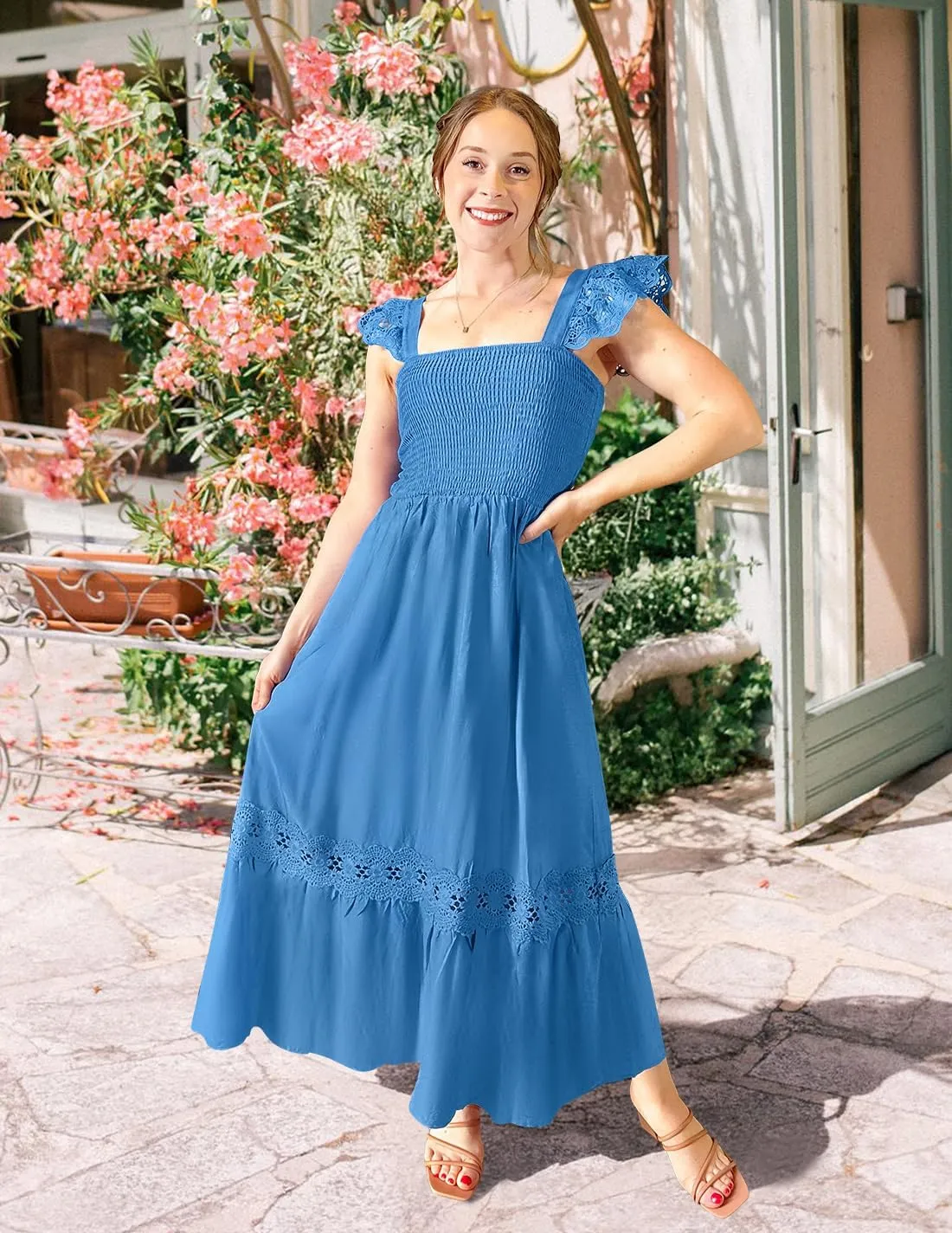 ZESICA Women's 2025 Summer Lace Strap Sleeveless Square Neck Smocked High Waist Ruffle Hollow Out Flowy A Line Maxi Dress
