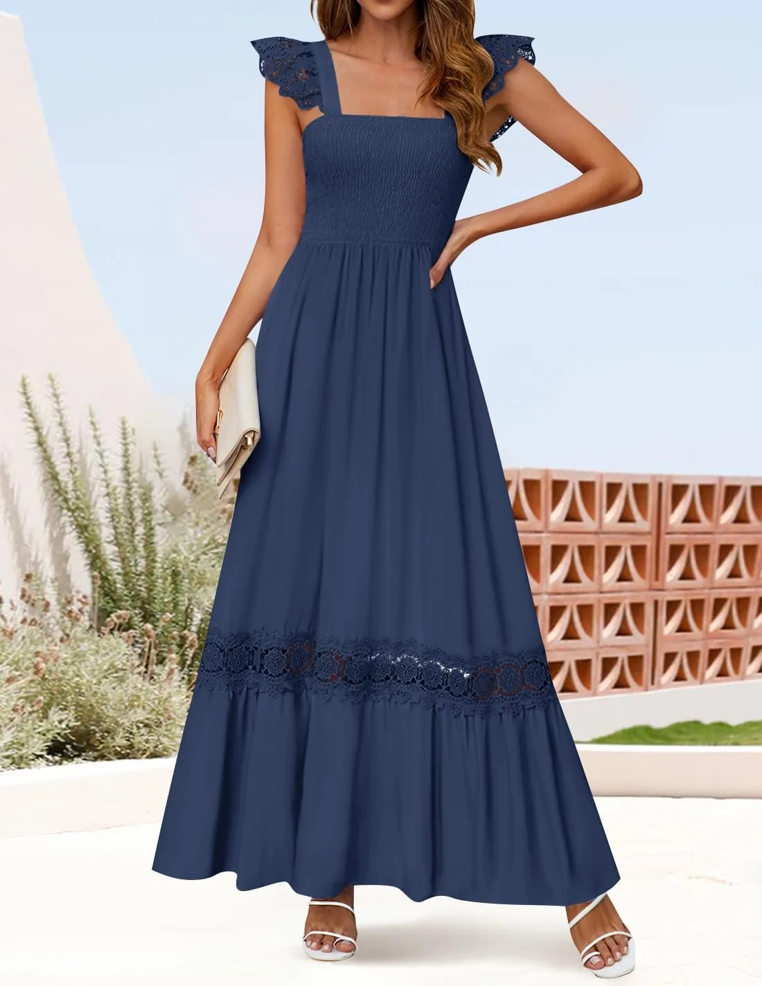 ZESICA Women's 2025 Summer Lace Strap Sleeveless Square Neck Smocked High Waist Ruffle Hollow Out Flowy A Line Maxi Dress