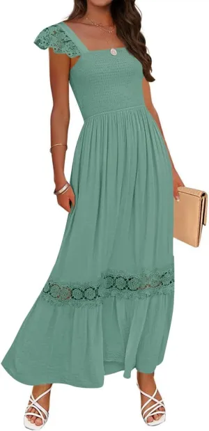 ZESICA Women's 2025 Summer Lace Strap Sleeveless Square Neck Smocked High Waist Ruffle Hollow Out Flowy A Line Maxi Dress
