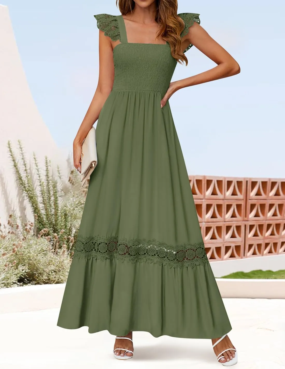 ZESICA Women's 2025 Summer Lace Strap Sleeveless Square Neck Smocked High Waist Ruffle Hollow Out Flowy A Line Maxi Dress