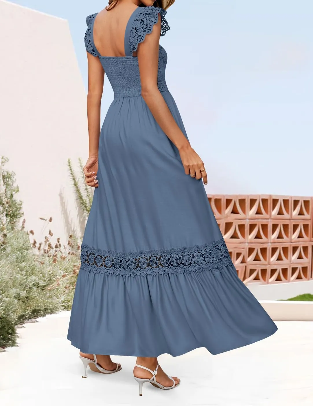 ZESICA Women's 2025 Summer Lace Strap Sleeveless Square Neck Smocked High Waist Ruffle Hollow Out Flowy A Line Maxi Dress