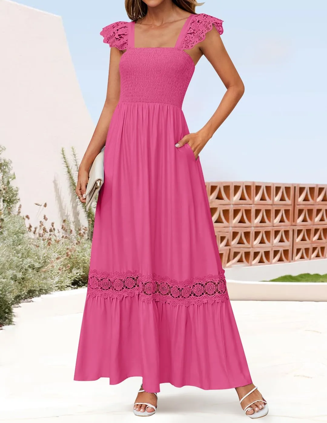 ZESICA Women's 2025 Summer Lace Strap Sleeveless Square Neck Smocked High Waist Ruffle Hollow Out Flowy A Line Maxi Dress