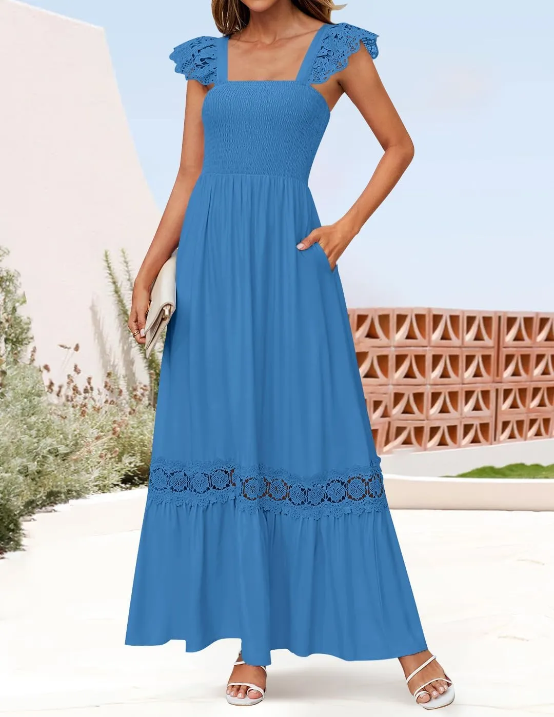 ZESICA Women's 2025 Summer Lace Strap Sleeveless Square Neck Smocked High Waist Ruffle Hollow Out Flowy A Line Maxi Dress