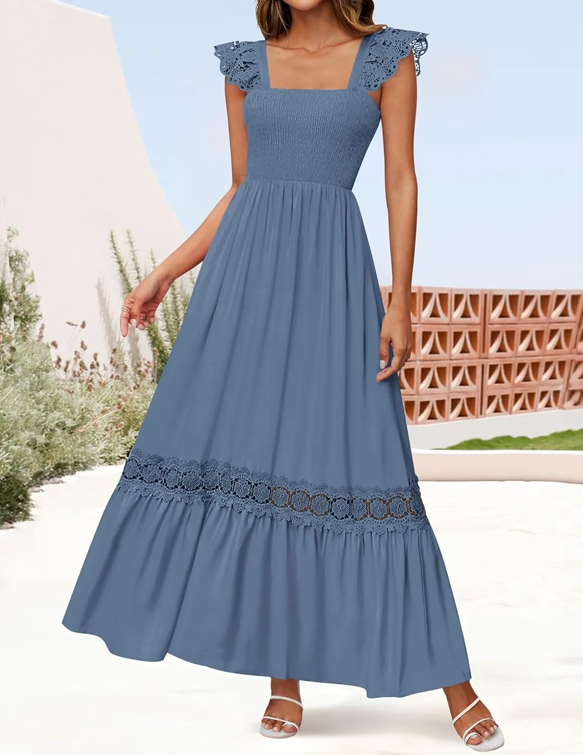 ZESICA Women's 2025 Summer Lace Strap Sleeveless Square Neck Smocked High Waist Ruffle Hollow Out Flowy A Line Maxi Dress