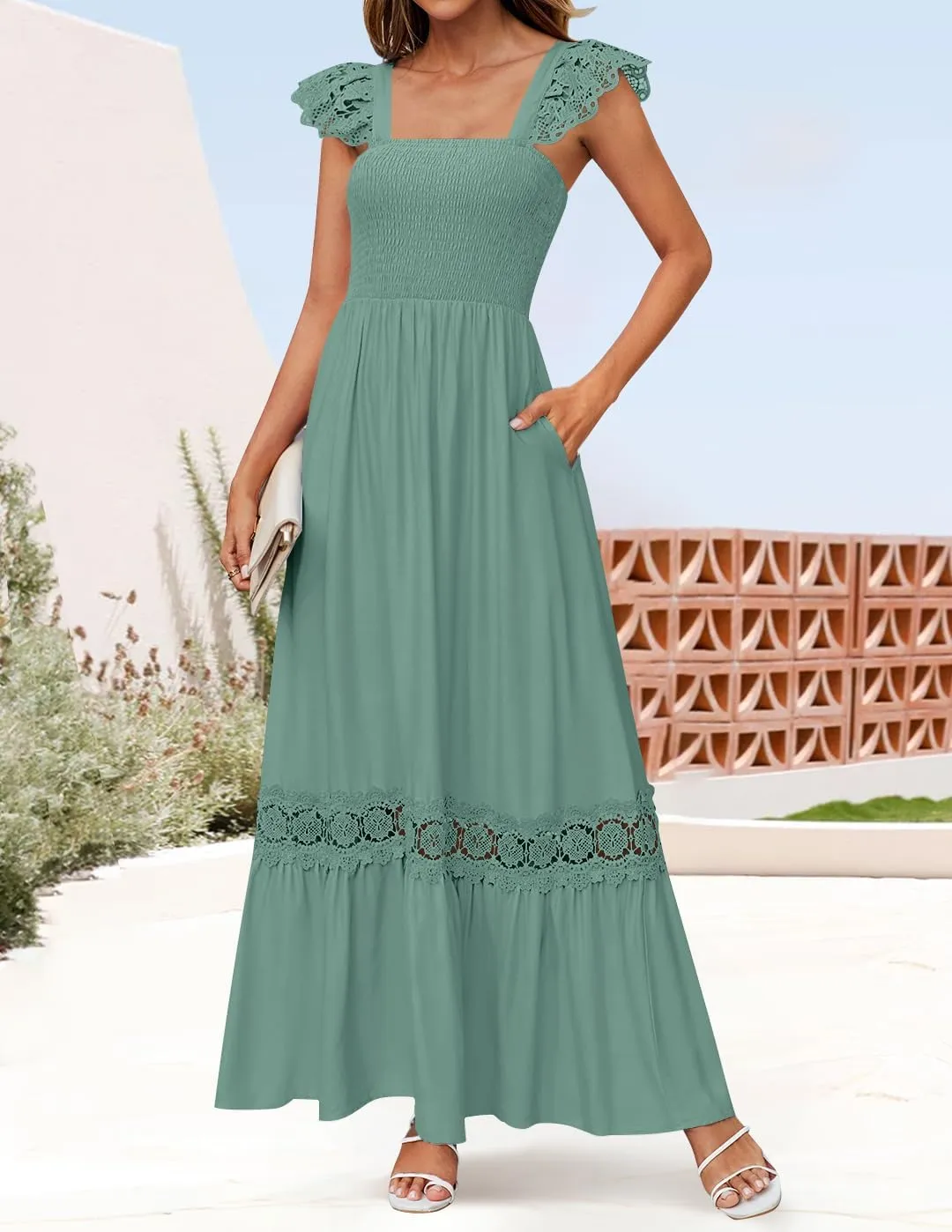 ZESICA Women's 2025 Summer Lace Strap Sleeveless Square Neck Smocked High Waist Ruffle Hollow Out Flowy A Line Maxi Dress