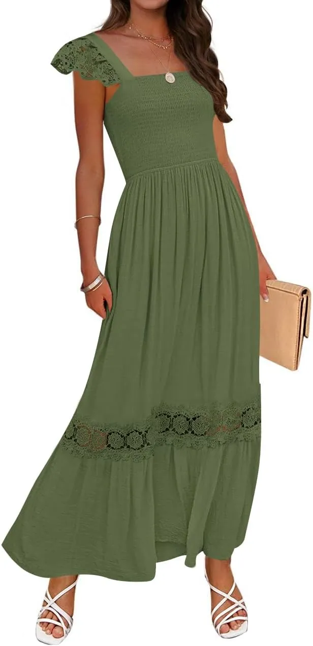 ZESICA Women's 2025 Summer Lace Strap Sleeveless Square Neck Smocked High Waist Ruffle Hollow Out Flowy A Line Maxi Dress