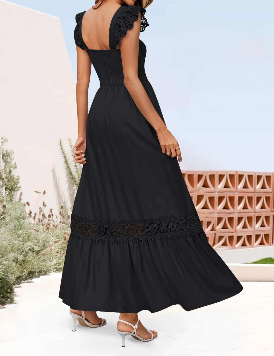 ZESICA Women's 2025 Summer Lace Strap Sleeveless Square Neck Smocked High Waist Ruffle Hollow Out Flowy A Line Maxi Dress
