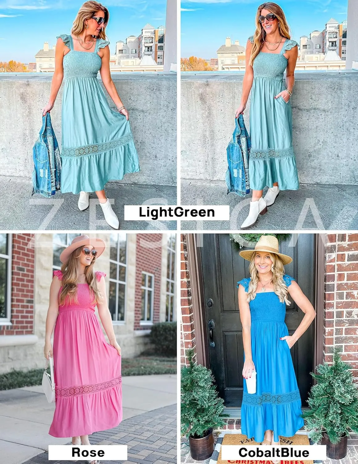 ZESICA Women's 2025 Summer Lace Strap Sleeveless Square Neck Smocked High Waist Ruffle Hollow Out Flowy A Line Maxi Dress