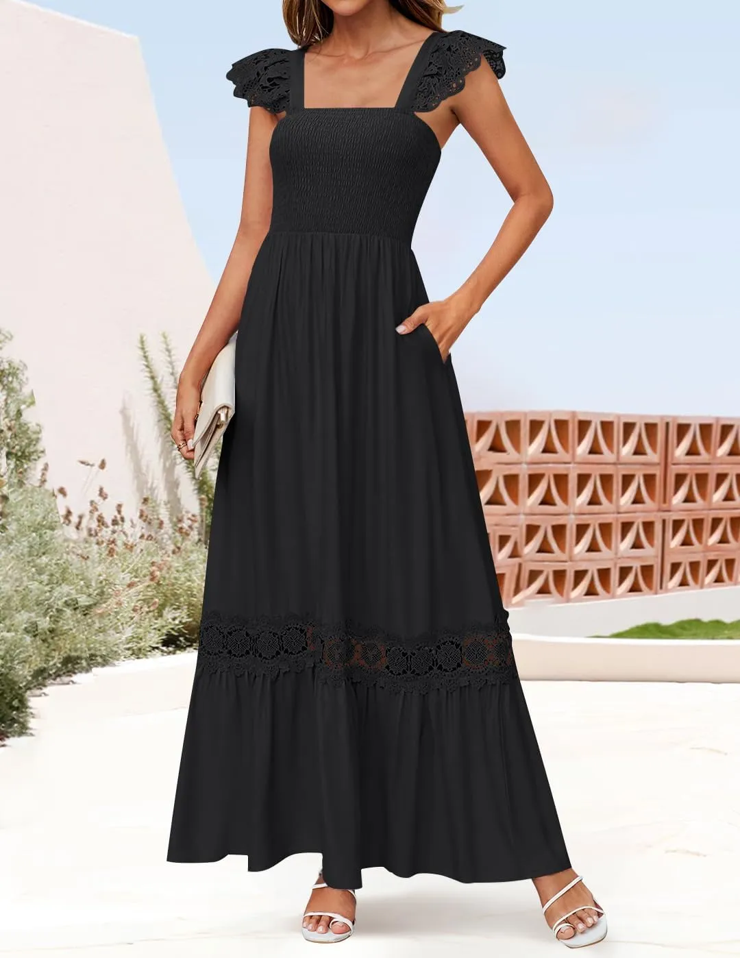 ZESICA Women's 2025 Summer Lace Strap Sleeveless Square Neck Smocked High Waist Ruffle Hollow Out Flowy A Line Maxi Dress