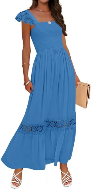 ZESICA Women's 2025 Summer Lace Strap Sleeveless Square Neck Smocked High Waist Ruffle Hollow Out Flowy A Line Maxi Dress