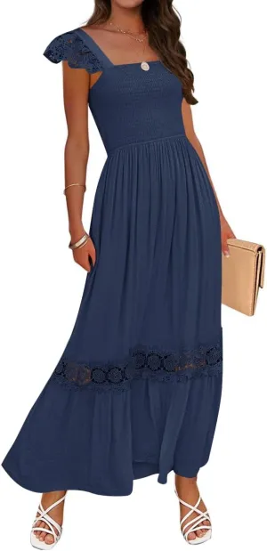ZESICA Women's 2025 Summer Lace Strap Sleeveless Square Neck Smocked High Waist Ruffle Hollow Out Flowy A Line Maxi Dress