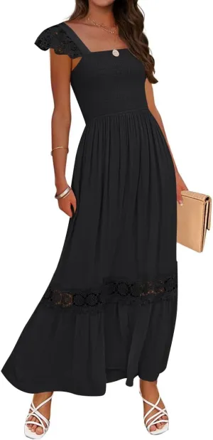 ZESICA Women's 2025 Summer Lace Strap Sleeveless Square Neck Smocked High Waist Ruffle Hollow Out Flowy A Line Maxi Dress