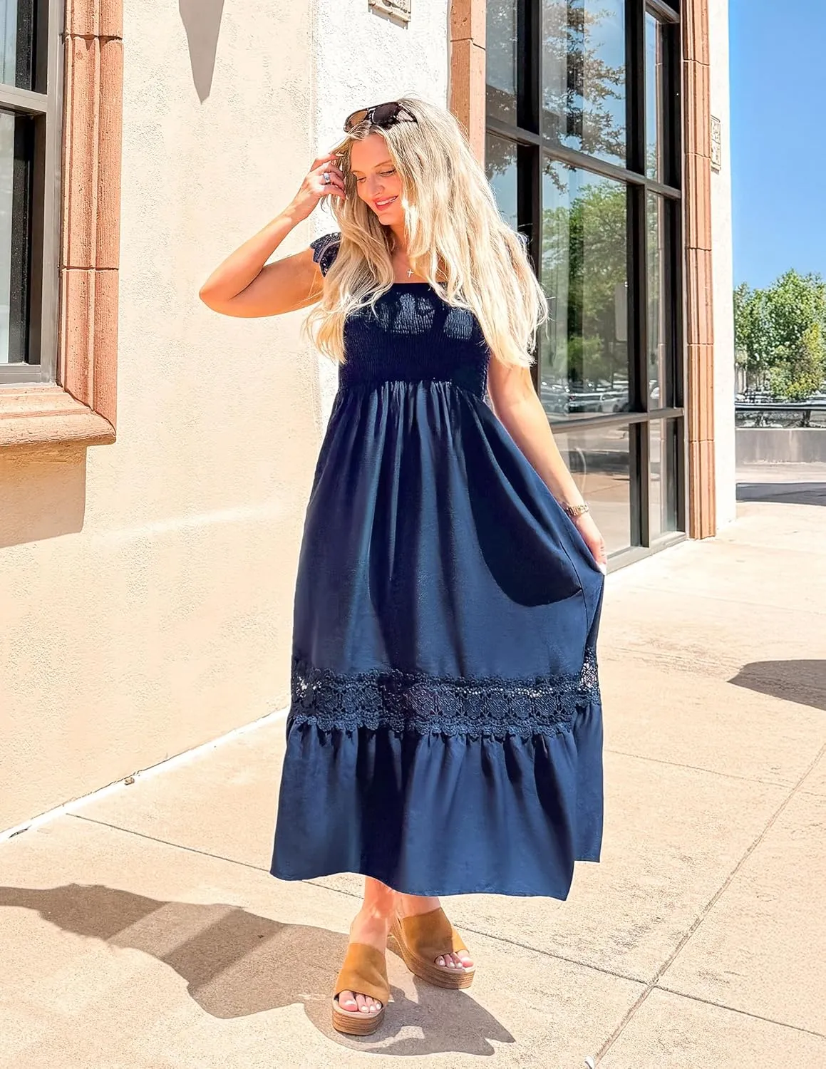 ZESICA Women's 2025 Summer Lace Strap Sleeveless Square Neck Smocked High Waist Ruffle Hollow Out Flowy A Line Maxi Dress