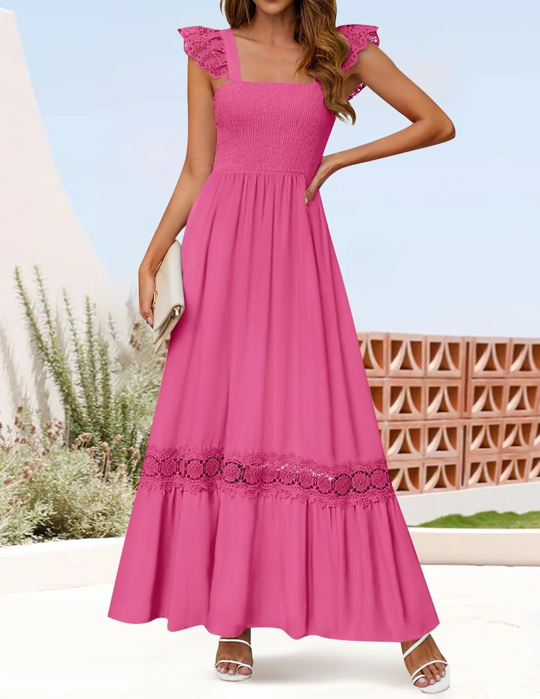 ZESICA Women's 2025 Summer Lace Strap Sleeveless Square Neck Smocked High Waist Ruffle Hollow Out Flowy A Line Maxi Dress