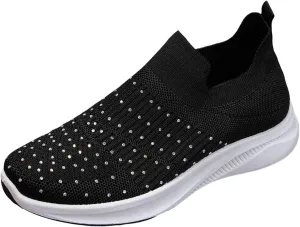 ZSpzx Orthopedic Rhinestones Walking Sneakers for Women Low Top Slip On Cushioned Footbed Ladies Jogging Tennis Sneaker Arch Support Soft Padded Breathable Comfy Shoes Plantar Fasciitis Footwear