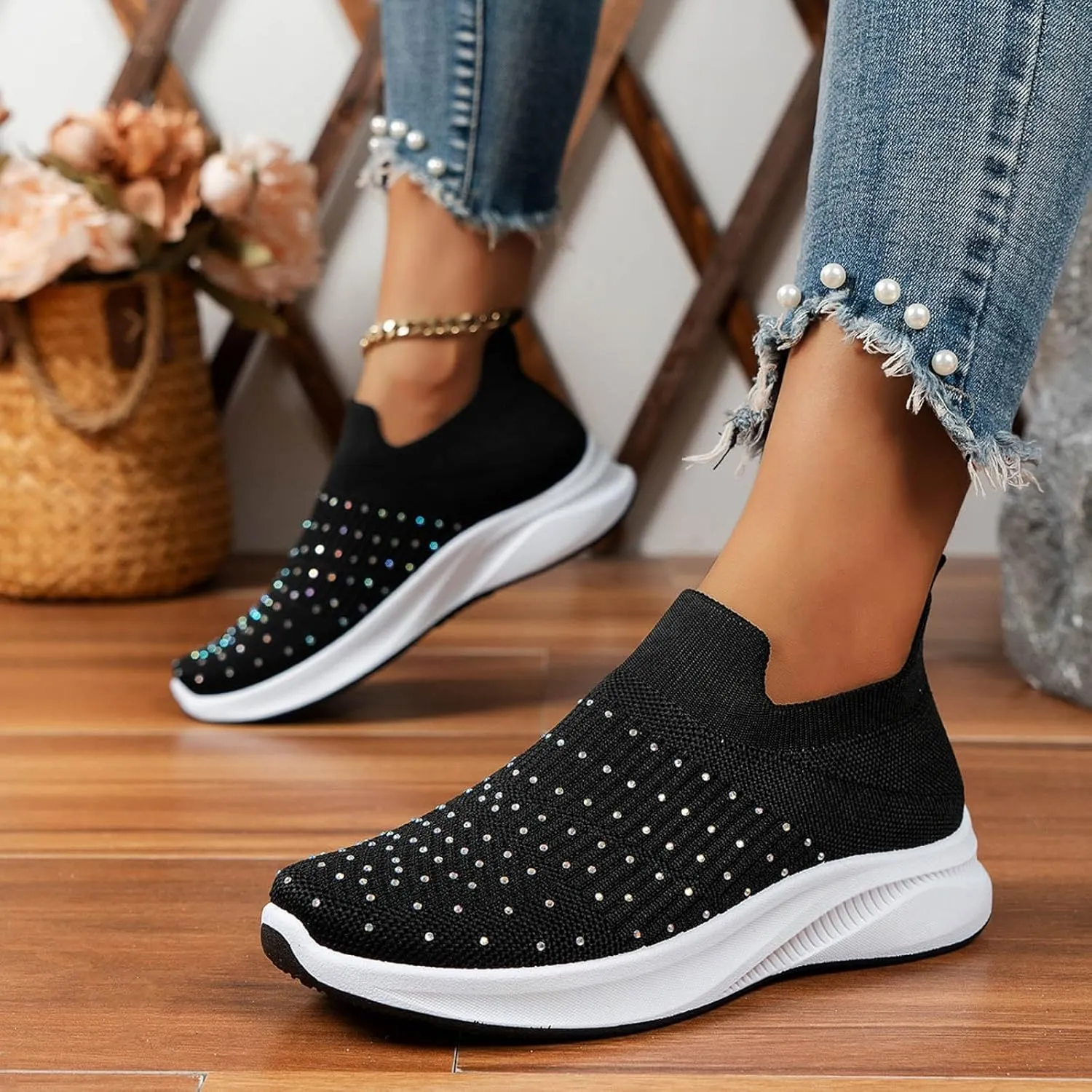 ZSpzx Orthopedic Rhinestones Walking Sneakers for Women Low Top Slip On Cushioned Footbed Ladies Jogging Tennis Sneaker Arch Support Soft Padded Breathable Comfy Shoes Plantar Fasciitis Footwear