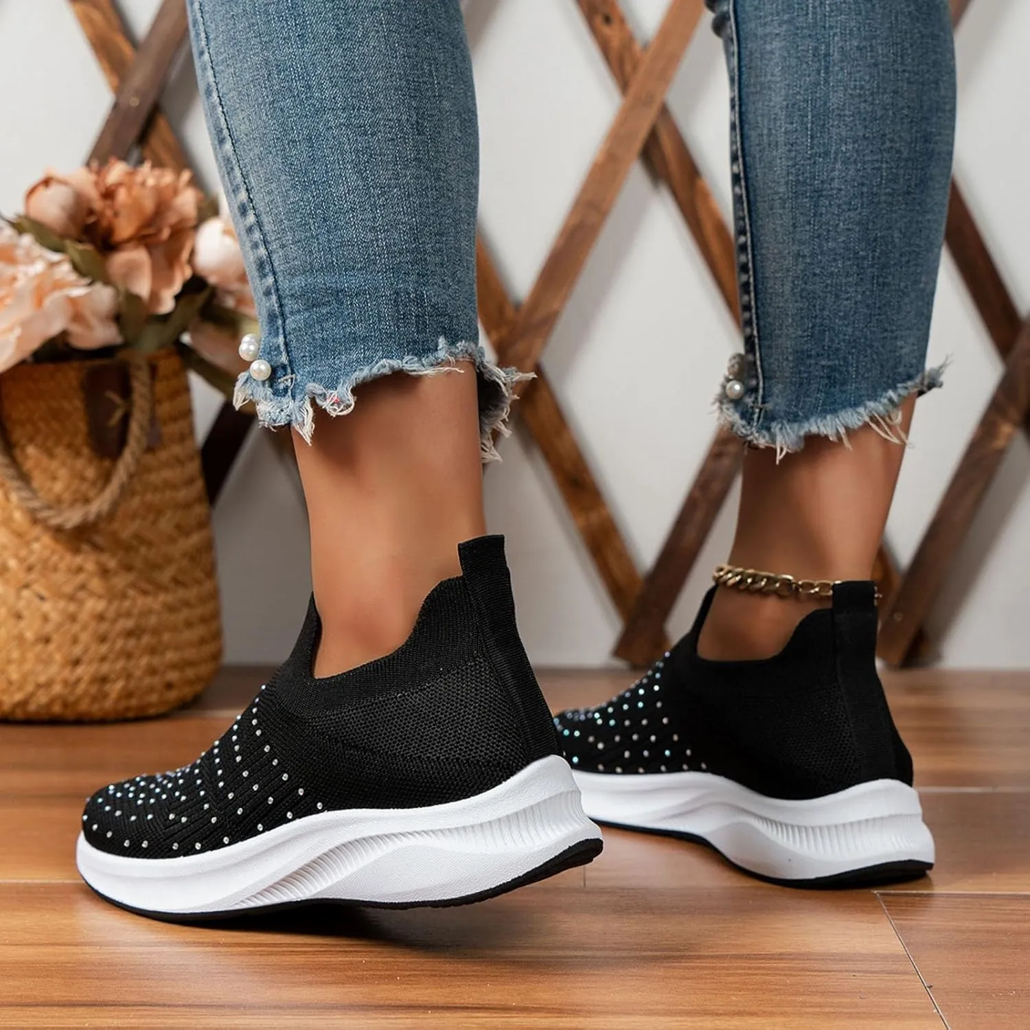 ZSpzx Orthopedic Rhinestones Walking Sneakers for Women Low Top Slip On Cushioned Footbed Ladies Jogging Tennis Sneaker Arch Support Soft Padded Breathable Comfy Shoes Plantar Fasciitis Footwear