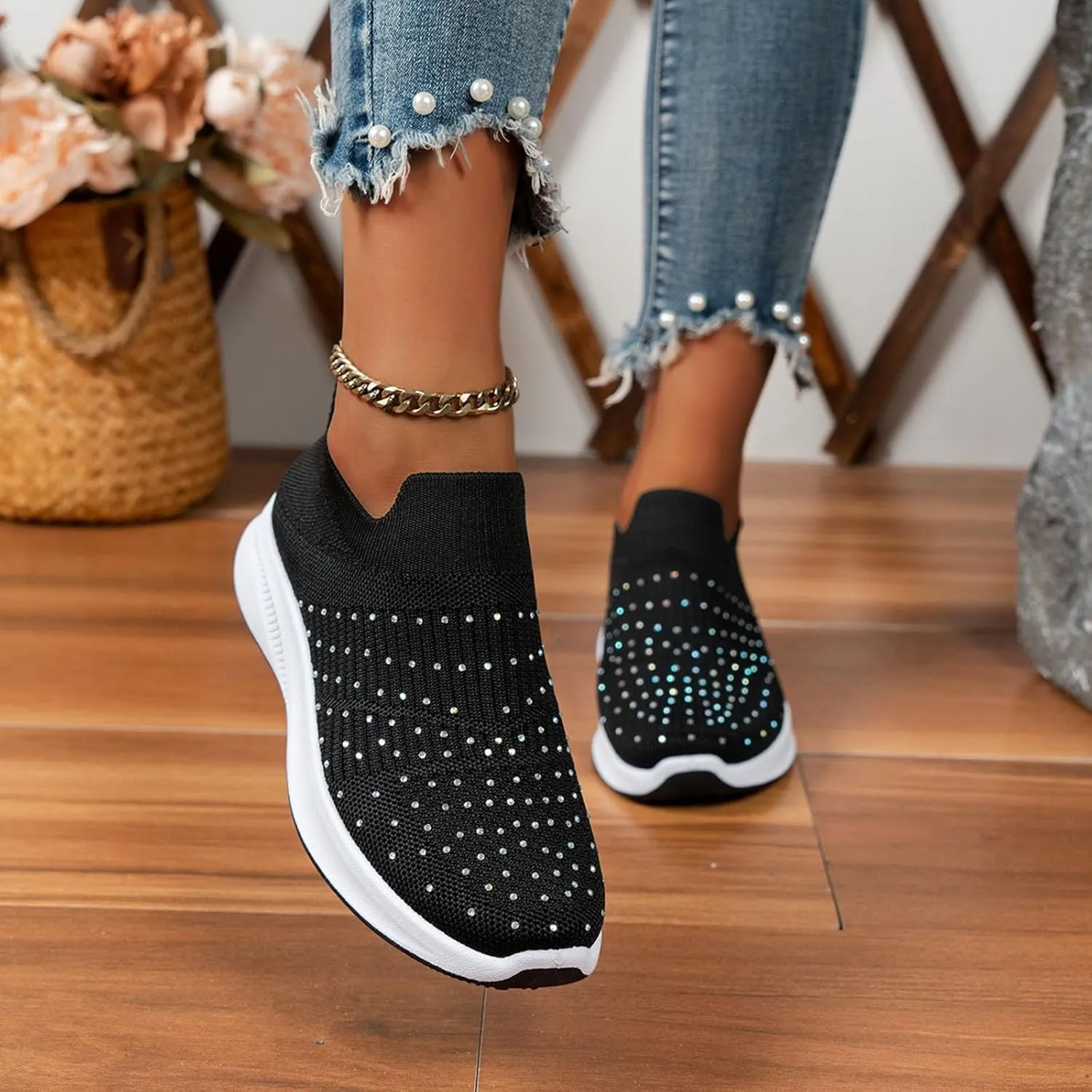 ZSpzx Orthopedic Rhinestones Walking Sneakers for Women Low Top Slip On Cushioned Footbed Ladies Jogging Tennis Sneaker Arch Support Soft Padded Breathable Comfy Shoes Plantar Fasciitis Footwear