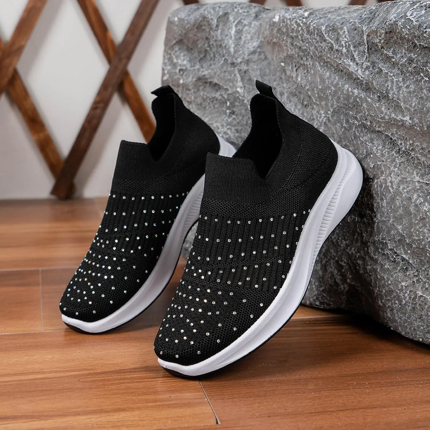 ZSpzx Orthopedic Rhinestones Walking Sneakers for Women Low Top Slip On Cushioned Footbed Ladies Jogging Tennis Sneaker Arch Support Soft Padded Breathable Comfy Shoes Plantar Fasciitis Footwear