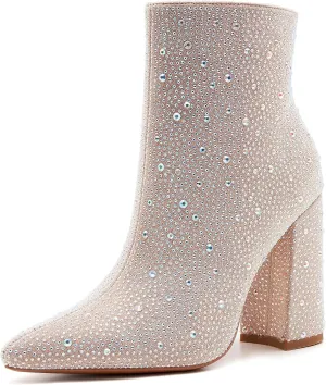 ZXHYZLZ Women's Sparkling Rhinestone Ankle Boots with Pointed Toe and Block Heel