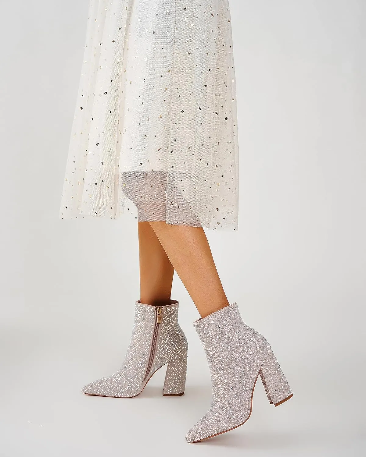 ZXHYZLZ Women's Sparkling Rhinestone Ankle Boots with Pointed Toe and Block Heel