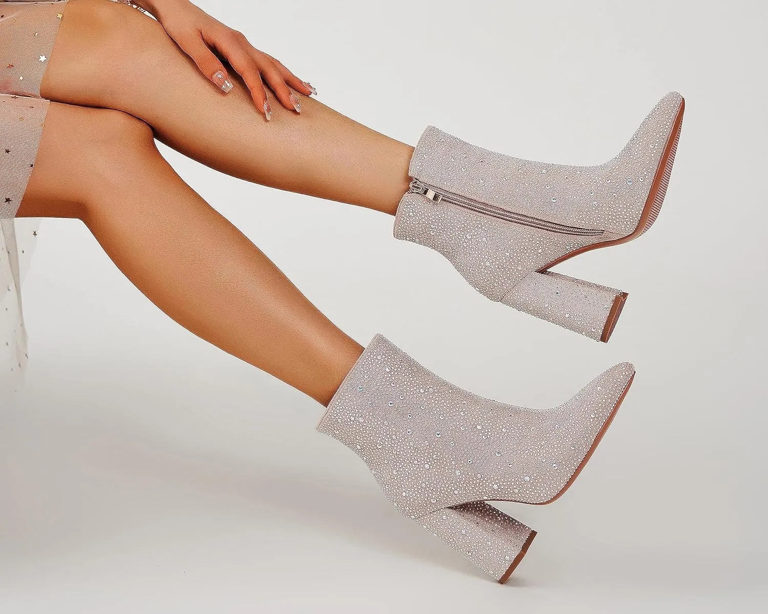 ZXHYZLZ Women's Sparkling Rhinestone Ankle Boots with Pointed Toe and Block Heel